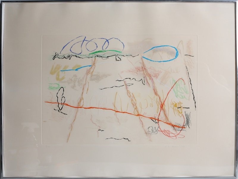 NANCY GRAVES NGETAL SIGNED LITHOGRAPH 1977: NANCY GRAVES NGETAL SIGNED LITHOGRAPH 1977 #9/33 "Ngetal" etching, engraving, pastel, and oil stick by Nancy Graves (American, 1939-1995), 1977; Artist was the first woman to receive a solo retrospect