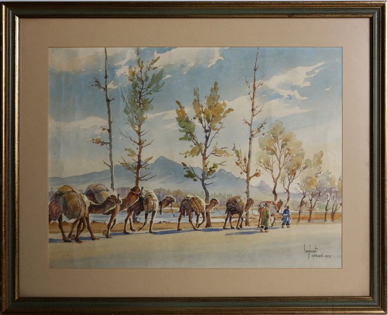 CAMEL CARAVAN BY SUMBAT KIUREGHAIN WATERCOLOR: CAMEL CARAVAN BY SUMBAT KIUREGHAIN WATERCOLOR Sumbat Der Kiureghian (Armenian/Iranian, 1913-1999), signed ''Sumbat Isfahan 1952'' lower right, and framed watercolor of Isfahan with the camel caravan p