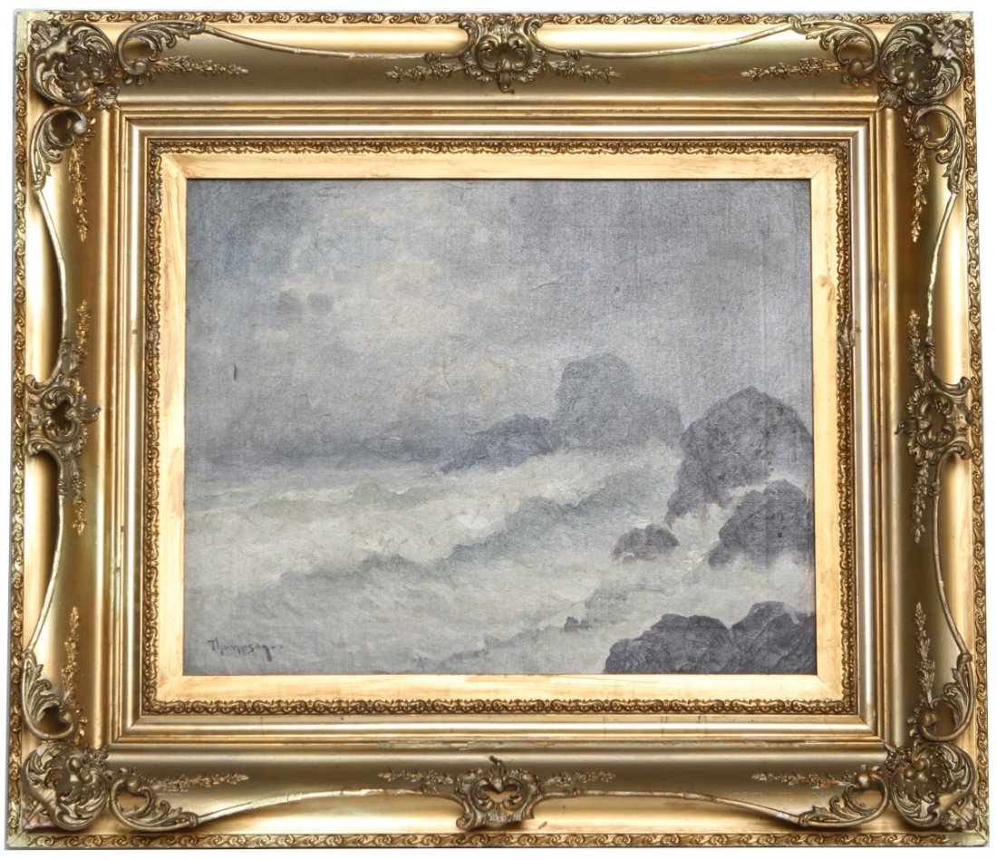 19TH C OIL ON CANVAS THOMSPON SEASCAPE: 19TH C OIL ON CANVAS THOMSPON SEASCAPE Oil on canvas, 16 x 20", seascape, 19th century, framed in gilt frame. Signed lower left, Thompson. Size: 26 x 30" framed Condition: Very good, some gesso and pa