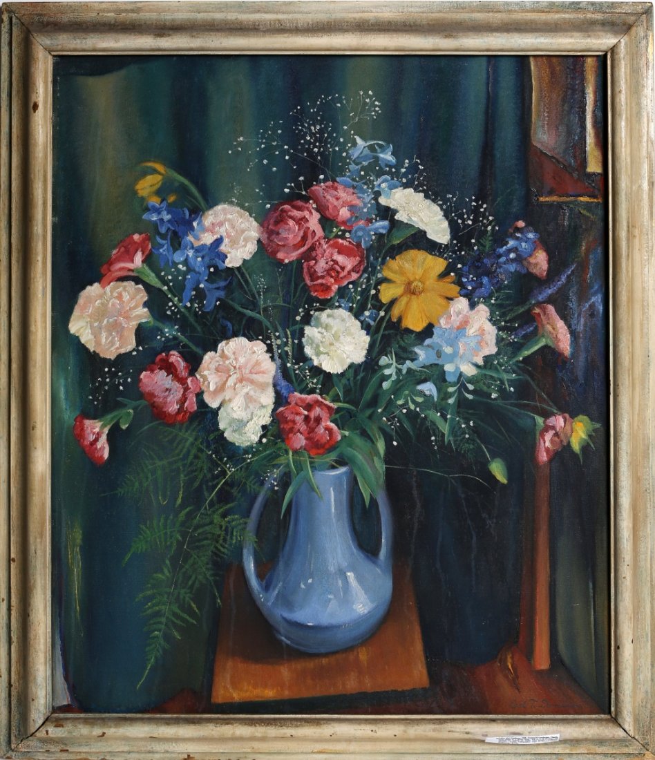 EARL T DONELSON STILL LIFE FLOWERS OIL ON CANVAS: EARL T DONELSON STILL LIFE FLOWERS OIL ON CANVAS Earl Tomlinson Donelson (American, 1908-1985). WPA artist, in the collection of the Smithsonian American Art Museum. "Spring Bouquet," still life with 
