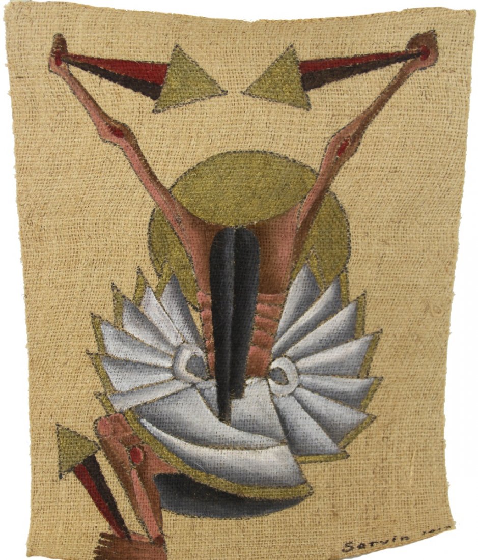JOSE MARIA DE SERVIN PAINTING ON BURLAP 1963: JOSE MARIA DE SERVIN PAINTING ON BURLAP 1963 A painting on burlap, Crucifixion, signed lower right Servin 1963. Purchased directly from the artist by the consignor. Size: 24 x 17.75" Condition: Very g