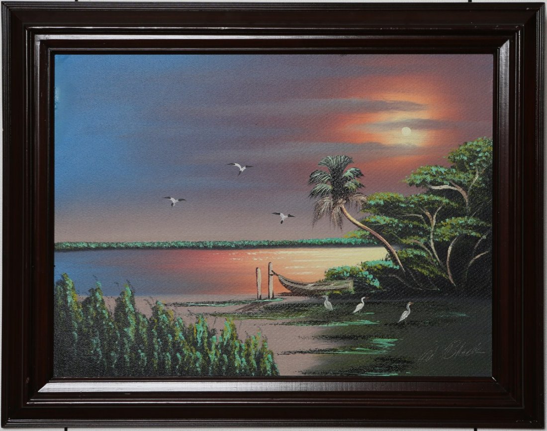 AL BLACK FL HIGHWAYMEN SUNSET WITH BENT PALM: AL BLACK FL HIGHWAYMEN SUNSET WITH BENT PALM Albert "Al" Black (American, b.1946), Florida Highwaymen Artist, oil on masonite. Florida landscape painting by Al Black, featuring sunset with bent palm a