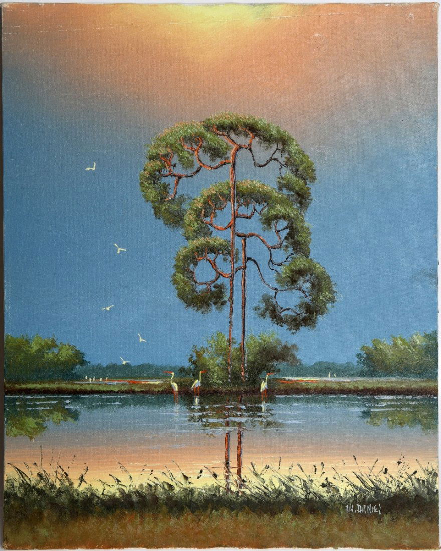 WILLIE DANIELS FLORIDA HIGHWAYMEN LANDSCAPE: WILLIE DANIELS FLORIDA HIGHWAYMEN LANDSCAPE Willie Daniels (American, b.1953). Florida landscape by Highwaymen artist Willie Daniels, featuring bald cypress in wetland under mauve sky reflected in wat