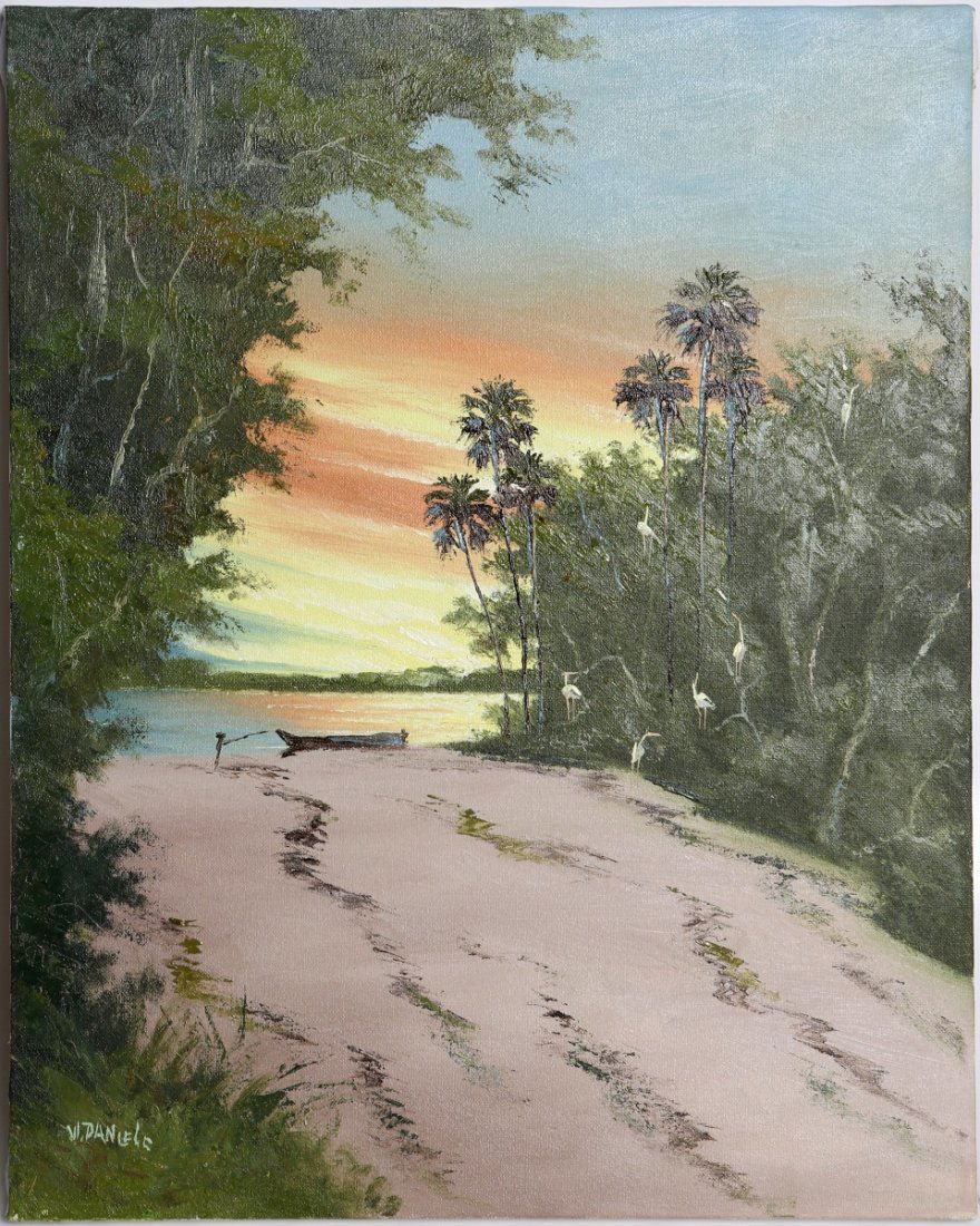 WILLIE DANIELS FLORIDA HIGHWAYMEN LANDSCAPE: WILLIE DANIELS FLORIDA HIGHWAYMEN LANDSCAPE Willie Daniels (American, b.1953). Florida landscape by Highwaymen artist Willie Daniels, featuring a docked boat at shore near some palm trees, under an or