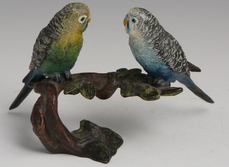 BERGMAN VIENNA COLD-PAINTED BRONZE BIRDS: BERGMAN VIENNA COLD-PAINTED BRONZE BIRDS Franz Xavier Bergman (Austrian, 1861-1936), cold-painted bronze grouping of two birds on a limb. Hallmarked with a 'B' in an amphora vase, Austria, and KF insi