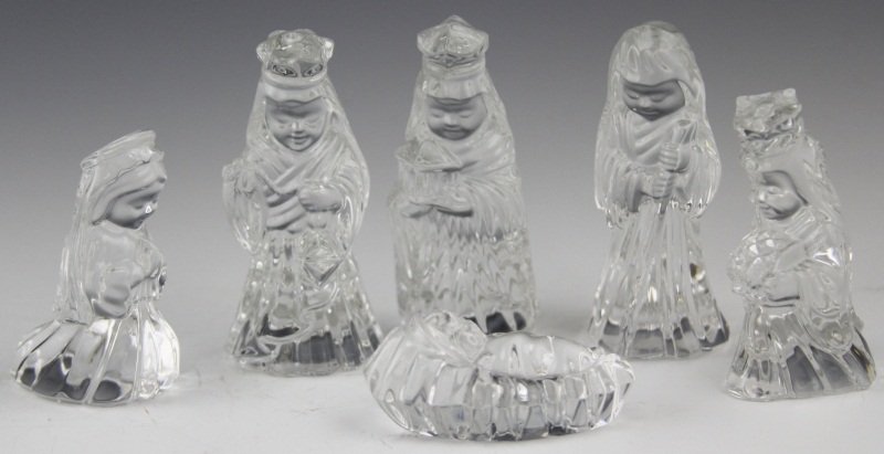(6) MARQUIS WATERFORD CRYSTAL NATIVITY FIGURINES: (6) MARQUIS WATERFORD CRYSTAL NATIVITY FIGURINES Set of six Marquis by Waterford Nativity figurines, including Mary, Joseph, baby Jesus, and the Three Wise Men. All with baby faces. No box included. S