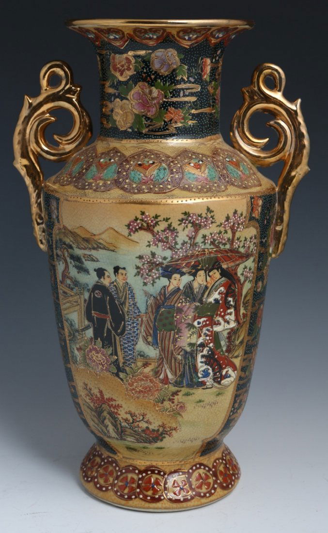 ROYAL SATSUMA HANDPAINTED URN STYLE VASE: ROYAL SATSUMA HANDPAINTED URN STYLE VASE Royal Satsuma hand painted urn style vase, gilt handles and accents, stamp to bottom. Size: 14" Condition: Very good.