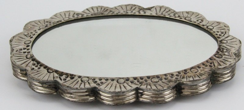 900 SILVER TURKISH WEDDING MIRROR: 900 SILVER TURKISH WEDDING MIRROR A Turkish wedding mirror. 900 silver. Weight 13.28 ozt total Size: 6.5 x 5" Condition: Good, some tarnish and minor dints.
