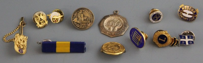(12) SERVICE & CLUB PINS: (12) SERVICE & CLUB PINS Red, white, and blue enameled NASCAR Century Club pin. Jack Tar Hotels pin "Ed C. Leach - President". Future Homemakers of America pendant. Enameled Shriner's AZAN pin. Enamel