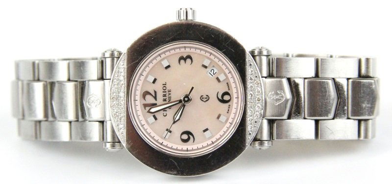 LADIES STAINLESS CHARRIOL WRISTWATCH PINK MOP DIAL: LADIES STAINLESS CHARRIOL WRISTWATCH PINK MOP DIAL Ladies Charriol Geneve Columbus Swiss made water resistant stainless steel wristwatch. CCR30D, 03314. Pink mother of pearl dial; Arabic numerals; hou