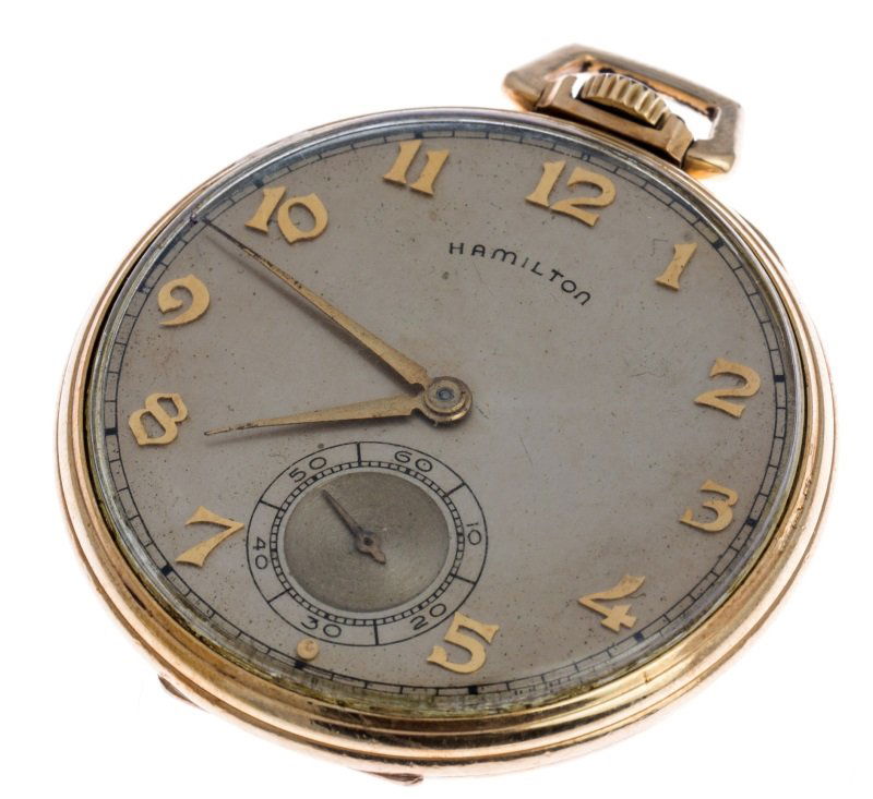 1946 HAMILTON MANUAL POCKET WATCH: 1946 HAMILTON MANUAL POCKET WATCH 1946 Hamilton Manual Pocket Watch; 21 Jewel movement, serial #H29544, 14K gold filled Keystone watchcase #K082732, gold toned hour and minute hands, art deco numerals