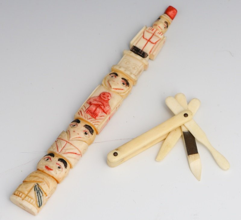 (2) CARVED BONE PIECES: (2) CARVED BONE PIECES (2) Carved Bone Pieces, first is of a Inuit totem pole with 5 different figures, second is a manicure set made of bone. Size: 6, 2.75" Condition: Very good, no issues noted.