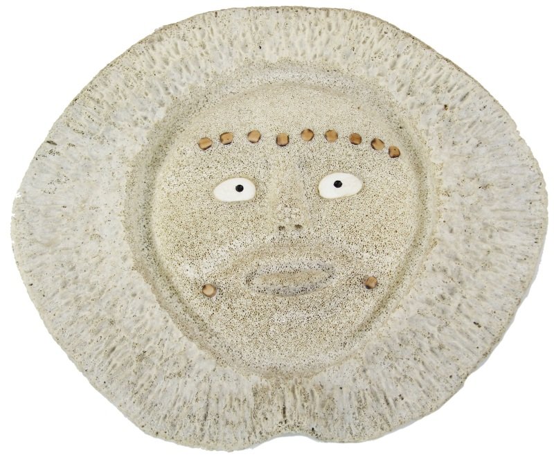 INUIT CARVING WITH WHALE VERTEBRAE OF FACE: INUIT CARVING WITH WHALE VERTEBRAE OF FACE Inuit Carving with Whale Vertebrae of a Face, comes attached with the makers name and location and guarantee it was made by an Alaskan Native artist. Face ha