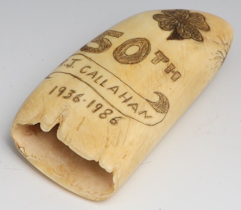 SCRIMSHAW IVORY WHALE TOOTH STATUE LIBERTY 100TH: SCRIMSHAW IVORY WHALE TOOTH STATUE LIBERTY 100TH Scrimshaw Ivory Whale Tooth, curved with great age patina. Commemorates the 100th Anniversary of the Statue of Liberty, and the 50th birthday of R. J. 