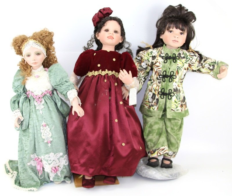 (3) LARGE COLLECTOR'S DOLLS OF YOUNG GIRLS: (3) LARGE COLLECTOR'S DOLLS OF YOUNG GIRLS (3) Large Collector's Dolls of Young Girls, first is a Pamela Erff doll #117/750, wearing a green outfit with pandas throughout, marked behind head. Second i