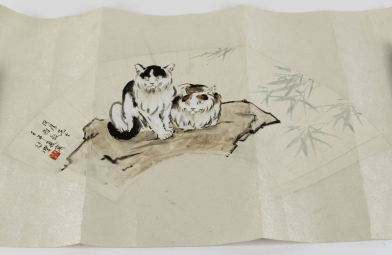 CHINESE PAINTED SCREEN OF TWO CATS: CHINESE PAINTED SCREEN OF TWO CATS Chinese painted scroll. Painting of cats with bamboo background, in the shape of a fan. Has seals and calligraphy. Size: 15.5 x 26"
