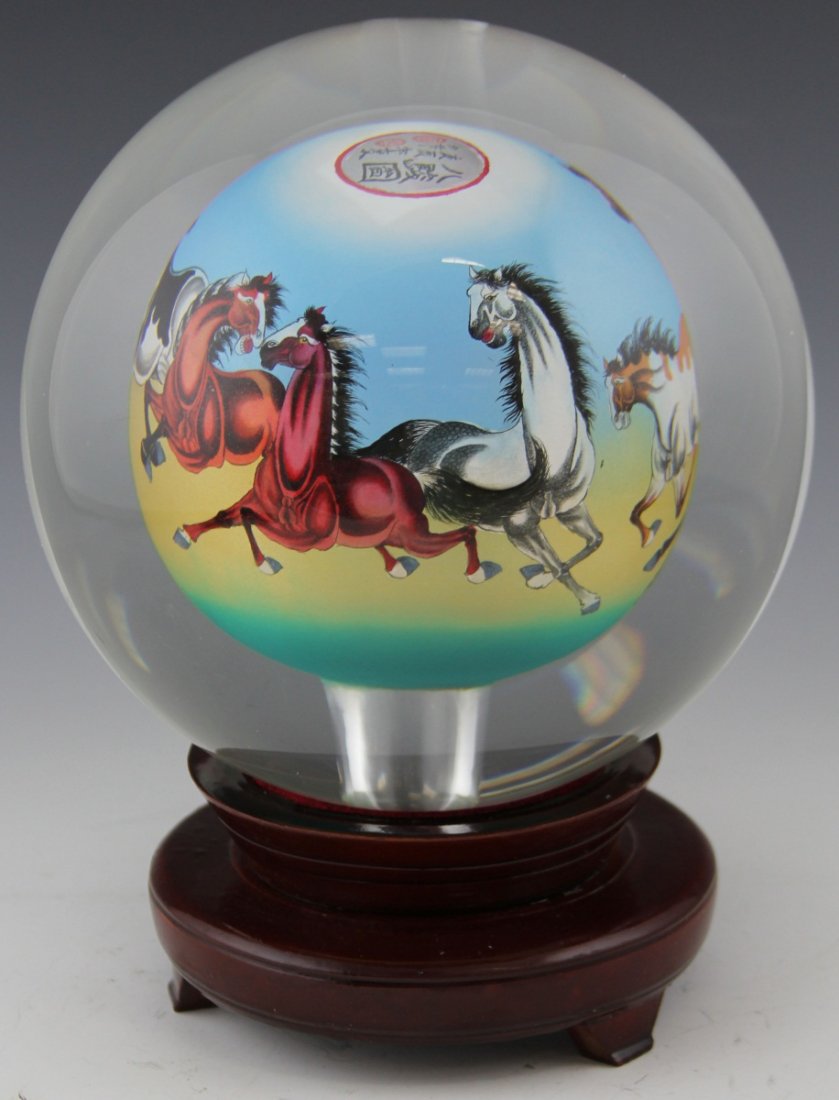 LARGE CHINESE REVERSE PAINTED GLASS BALL HORSES