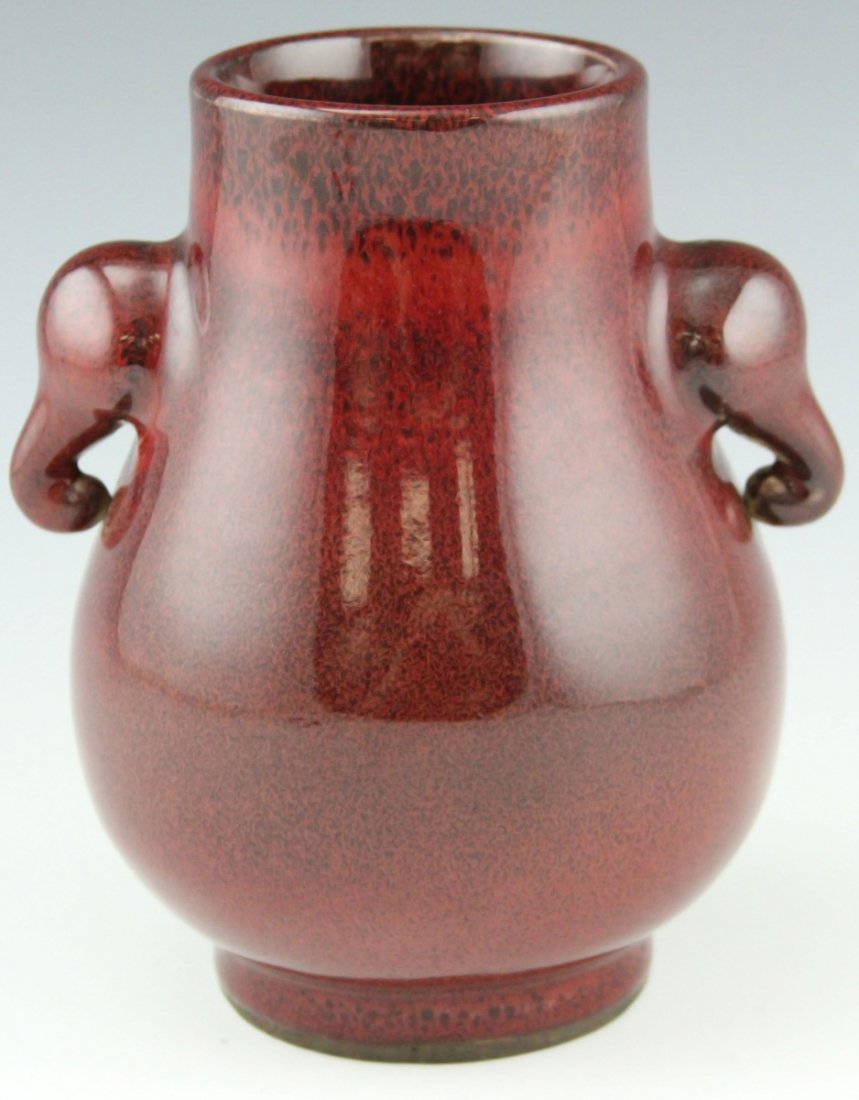 CHINESE JUN WARE URN STYLE VASE: CHINESE JUN WARE URN STYLE VASE Chinese Jun ware urn style vase with handles, inside and bottom have white crackle glaze. No markings to bottom. Size: 6"