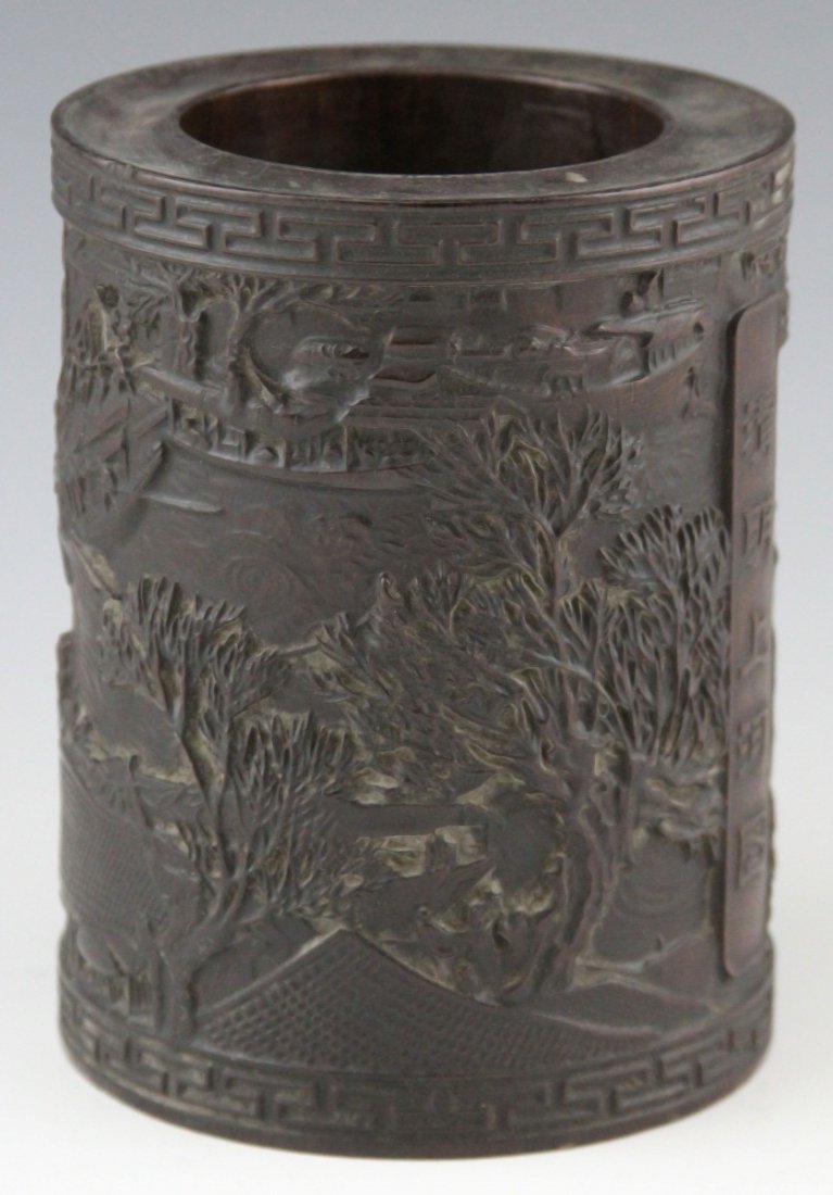 CHINESE CARVED ZITAN BRUSH POT NAUTICAL: CHINESE CARVED ZITAN BRUSH POT NAUTICAL Chinese carved zitan brush pot, nautical scene, meandering pattern at rims, calligraphy down one side. Size: 6" tall, 4.5" diamter