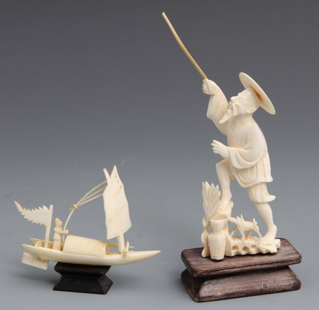(2) IVORY CARVINGS BOAT & FISHERMAN WITH STANDS: (2) IVORY CARVINGS BOAT & FISHERMAN WITH STANDS Lot of two carved ivory figures: boat with sail and rider, 2.5", and fisherman throwing out line, 6.5". Both are attached to wooden bases. Weight: 83g t