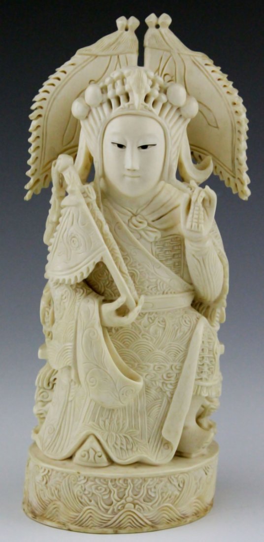 CHINESE CARVED IVORY EMPRESS ON THRONE WITH FLAGS: CHINESE CARVED IVORY EMPRESS ON THRONE WITH FLAGS Chinese Carved Ivory Empress on a Throne with Flags, Beautifully carved with great detail to clothing and throne with carved phoenix at rear of throne