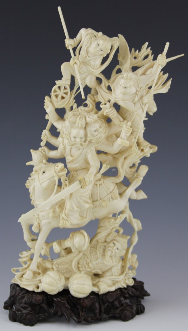 CHINESE CARVED IVORY FIGURE TIAN-JIANG: CHINESE CARVED IVORY FIGURE TIAN-JIANG Intricately carved Chinese ivory figure of Tian-Jiangs, including Na-Zha, Fung, Hua, and Lei. With removable swords and spears for figures hands, one is missing.