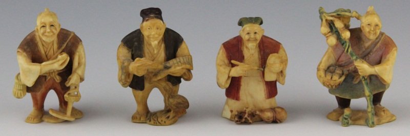 (4) JAPANESE CARVED IVORY POLYCHROME NETSUKE: (4) JAPANESE CARVED IVORY POLYCHROME NETSUKE Lot of four Japanese carved ivory netsuke figures holding a variety of objects. Polychrome and signed on underside. Weight: 92.3g total