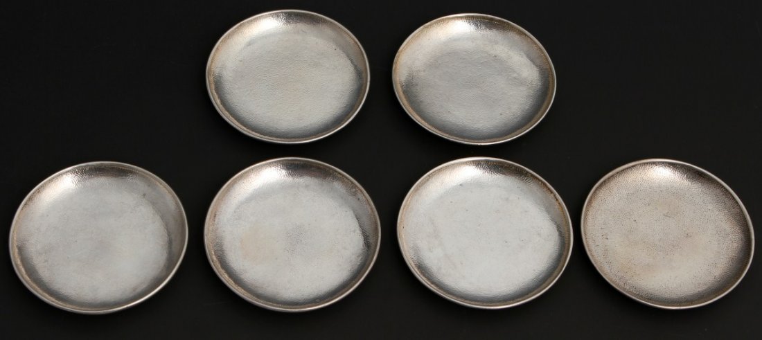 (6) CHINESE SING FAT 900 SILVER SOY DISHES: (6) CHINESE SING FAT 900 SILVER SOY DISHES Six Chinese 900 silver soy dishes with hand hammered surfaces. The reverse bear Sing Fat export marks, 90 silver content marks and Chinese character maker ma