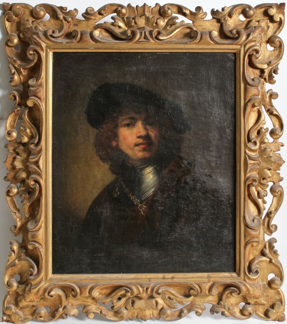 PORTRAIT OF YOUNG REMBRANDT AFTER SELF PORTRAIT: PORTRAIT OF YOUNG REMBRANDT AFTER SELF PORTRAIT Portrait of Rembrandt, after his Self Portrait as a Young Man, 1634, Painting, Oil on canvas, Uffizi Gallery, Florence. Circa 17th/18th century, framed 