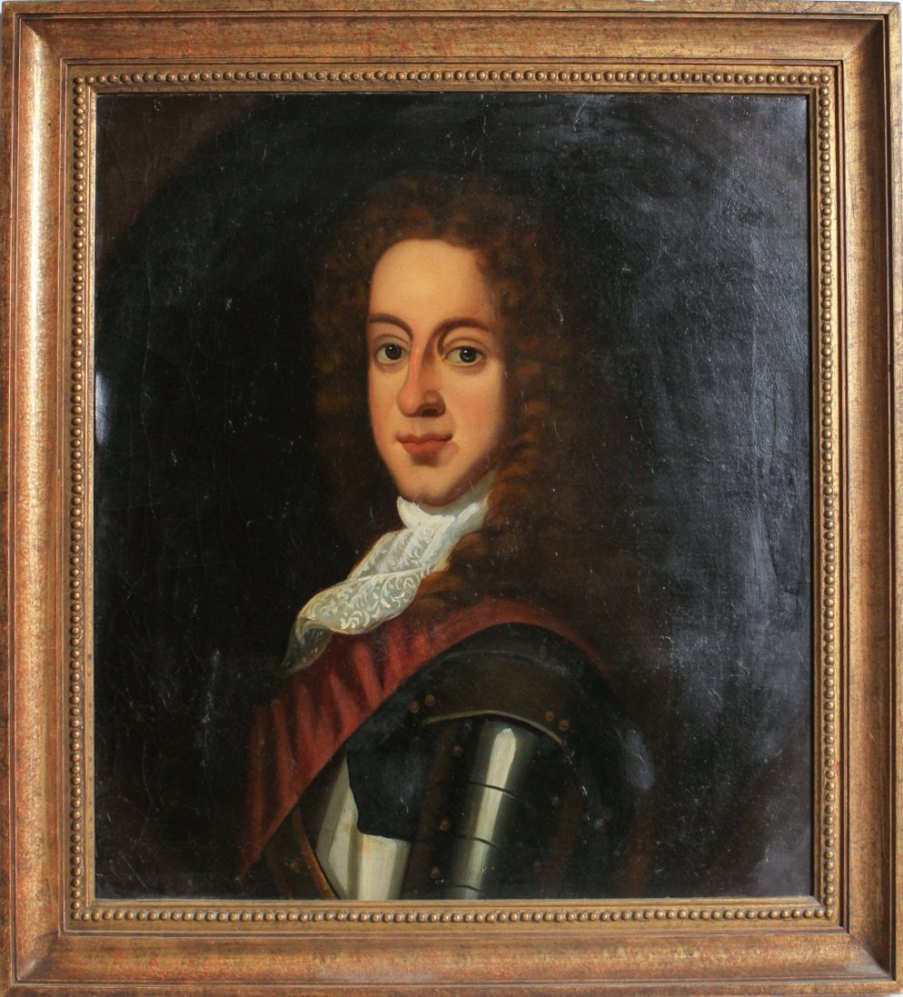 ATTRIBUTED TO MICHAEL DAHL PORTRAIT OF GENTLEMAN: ATTRIBUTED TO MICHAEL DAHL PORTRAIT OF GENTLEMAN Portrait of a Gentleman, attributed to Michael Dahl (Swedish, 1659â€“1743). Man is wearing leather over metal armor with a burgundy sash. No signa