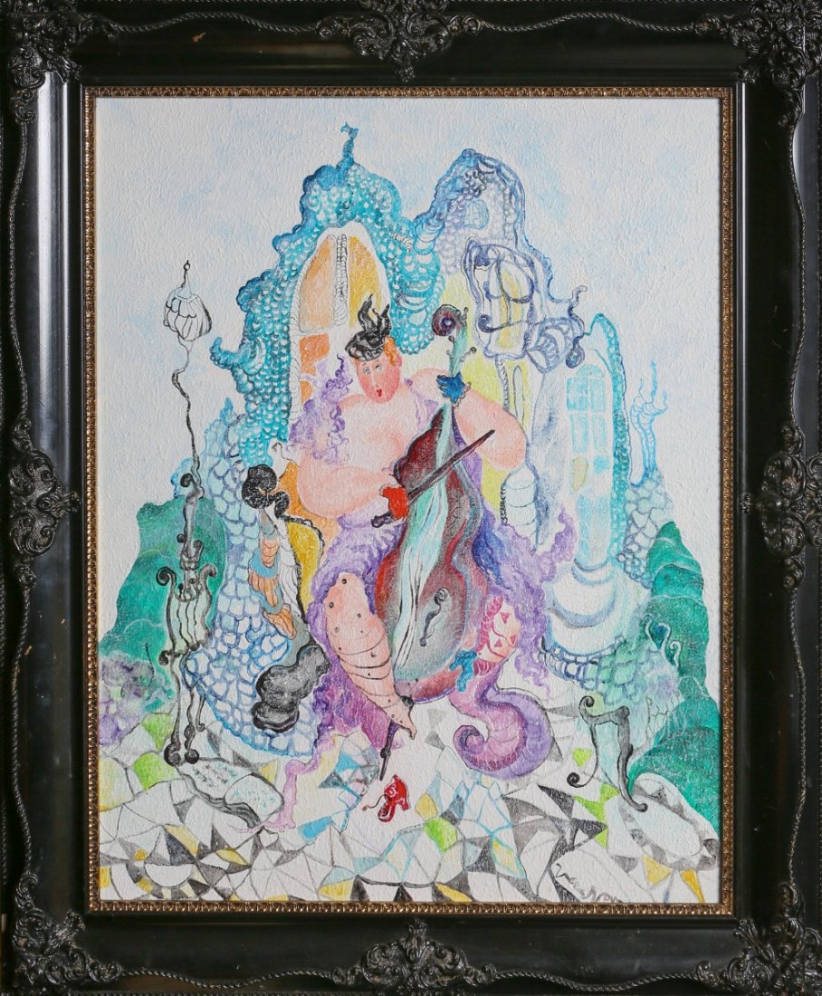 VERA NOVA WOMAN WITH UPRIGHT BASS MIXED MEDIA: VERA NOVA WOMAN WITH UPRIGHT BASS MIXED MEDIA Vera Nova, woman with upright base, mixed media, framed in black frame, signed bottom right. Melissa Henry (VERA NOVA) is an American innovative fine arti
