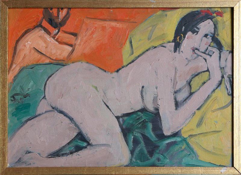BRUNO PAOLI LA MODELLINA OIL ON BOARD: BRUNO PAOLI LA MODELLINA OIL ON BOARD Bruno Paoli (Florentine, 1915-2005), original oil on board 10 x 14", reclining nude figure with artist in background. Framed in gilt wooden frame. Signed and labe