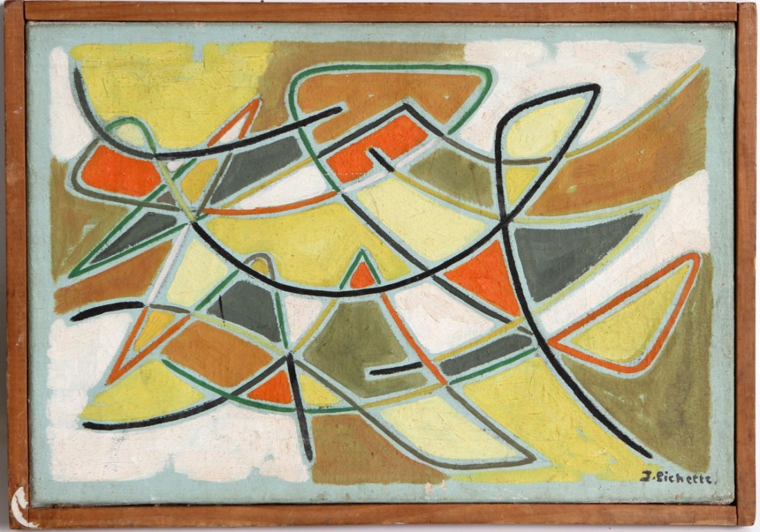 JAMES PICHETTE "ACROBATS" 1952 OIL ON CANVAS: JAMES PICHETTE "ACROBATS" 1952 OIL ON CANVAS Oil on canvas, abstract in olives, orange, and black, titled "Acrobats", signed J. Pichette, 1952 on front and back. Set in simple wood frame. Size: Approx