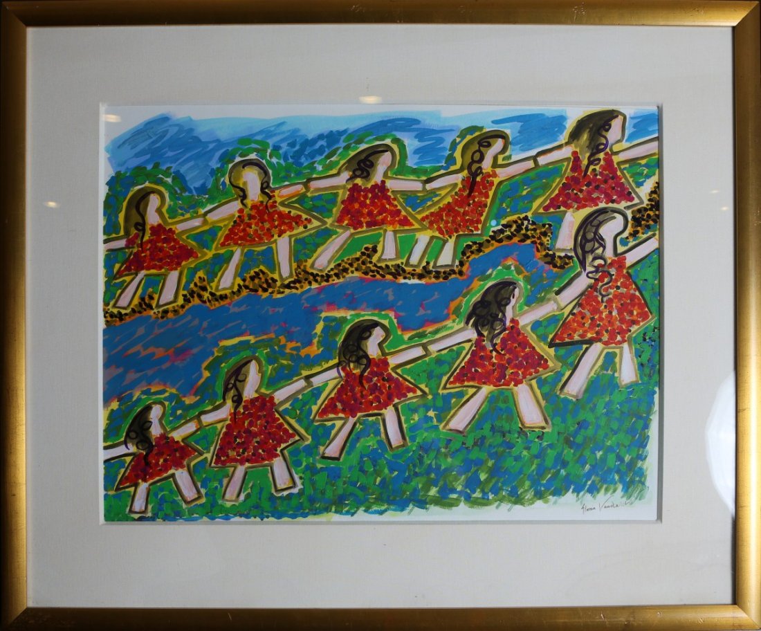 GLORIA VANDERBILT GIRLS ORIGINAL WATERCOLOR: GLORIA VANDERBILT GIRLS ORIGINAL WATERCOLOR Gloria Vanderbilt (American, b.1924) original watercolor, matted and framed under glass in gilt frame, signed Gloria Vanderbilt bottom right. Imagery featur