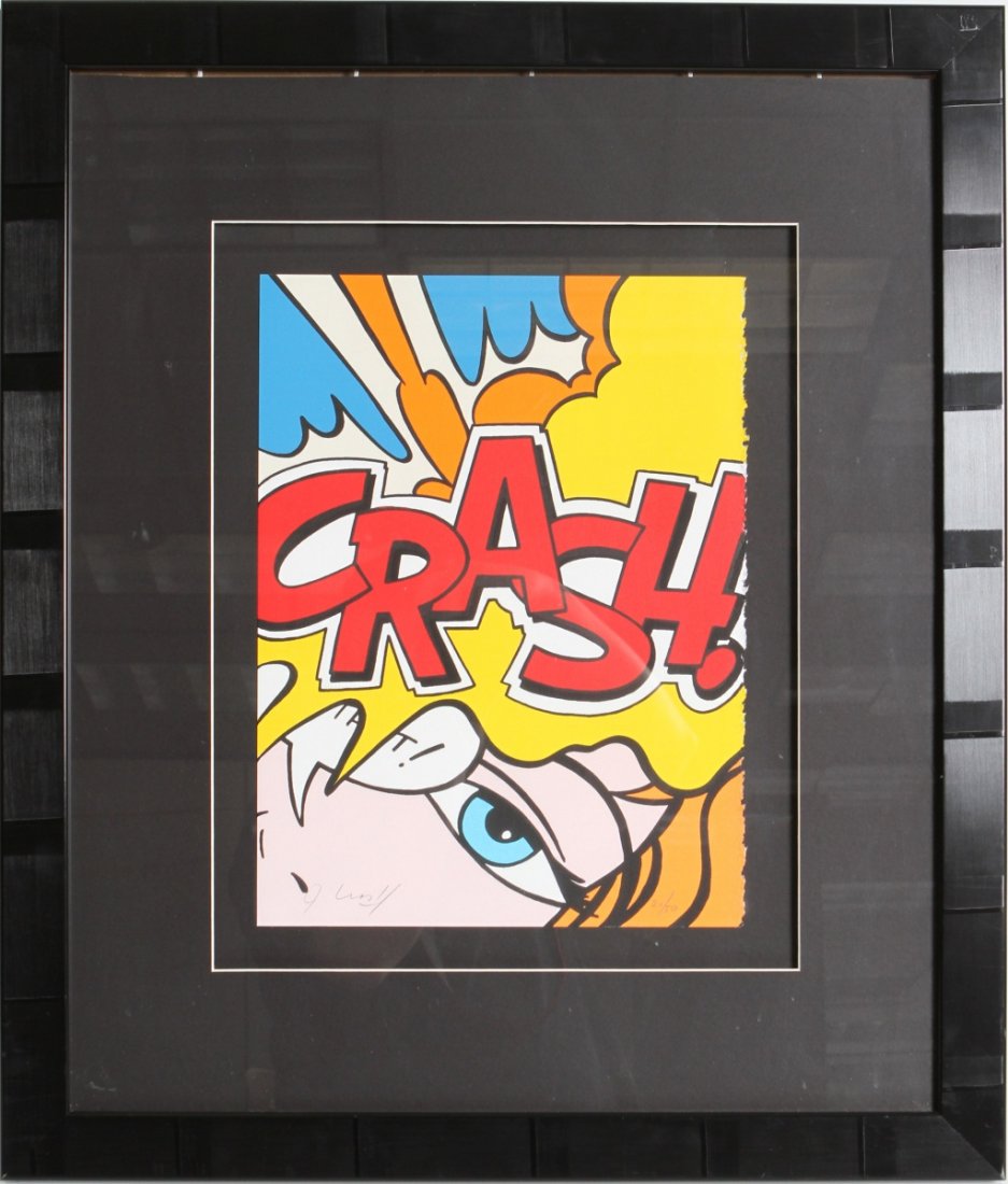 CRASH (JOHN MATOS) "CRASH" LITHOGRAPH: CRASH (JOHN MATOS) "CRASH" LITHOGRAPH John "Crash" Matos (American, b.1961). Lithograph, signature bottom left, limited edition #20/50. Float mounted under plexiglass in black frame. Size: 11 x 15" +