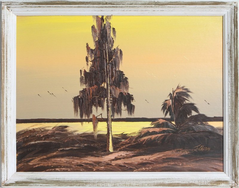 JAMES GIBSON FLORIDA HIGHWAYMEN COASTAL LANDSCAPE: JAMES GIBSON FLORIDA HIGHWAYMEN COASTAL LANDSCAPE James Gibson (American, b.1938). Abstract coastal landscape by Florida Highwaymen artist James Gibson, brown palate. Framed in white wooden frame with