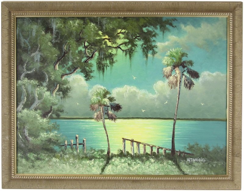 WILLIE DANIELS FLORIDA HIGHWAYMEN NIGHT SCENE: WILLIE DANIELS FLORIDA HIGHWAYMEN NIGHT SCENE Willie Daniels (American, b.1953). Night scene featuring two palms in front of the water reflecting the moonlight, framed by a live oak dripping with Span