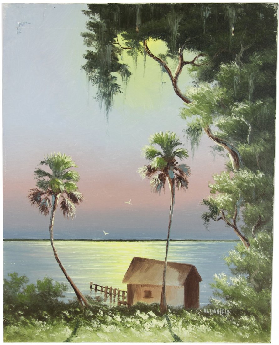 WILLIE DANIELS FLORIDA HIGHWAYMEN RIVER SHACK: WILLIE DANIELS FLORIDA HIGHWAYMEN RIVER SHACK Willie Daniels (American, b.1953). Florida landscape by Highwaymen artist Willie Daniels. Night scene featuring shack along the river in the moonlight. Si