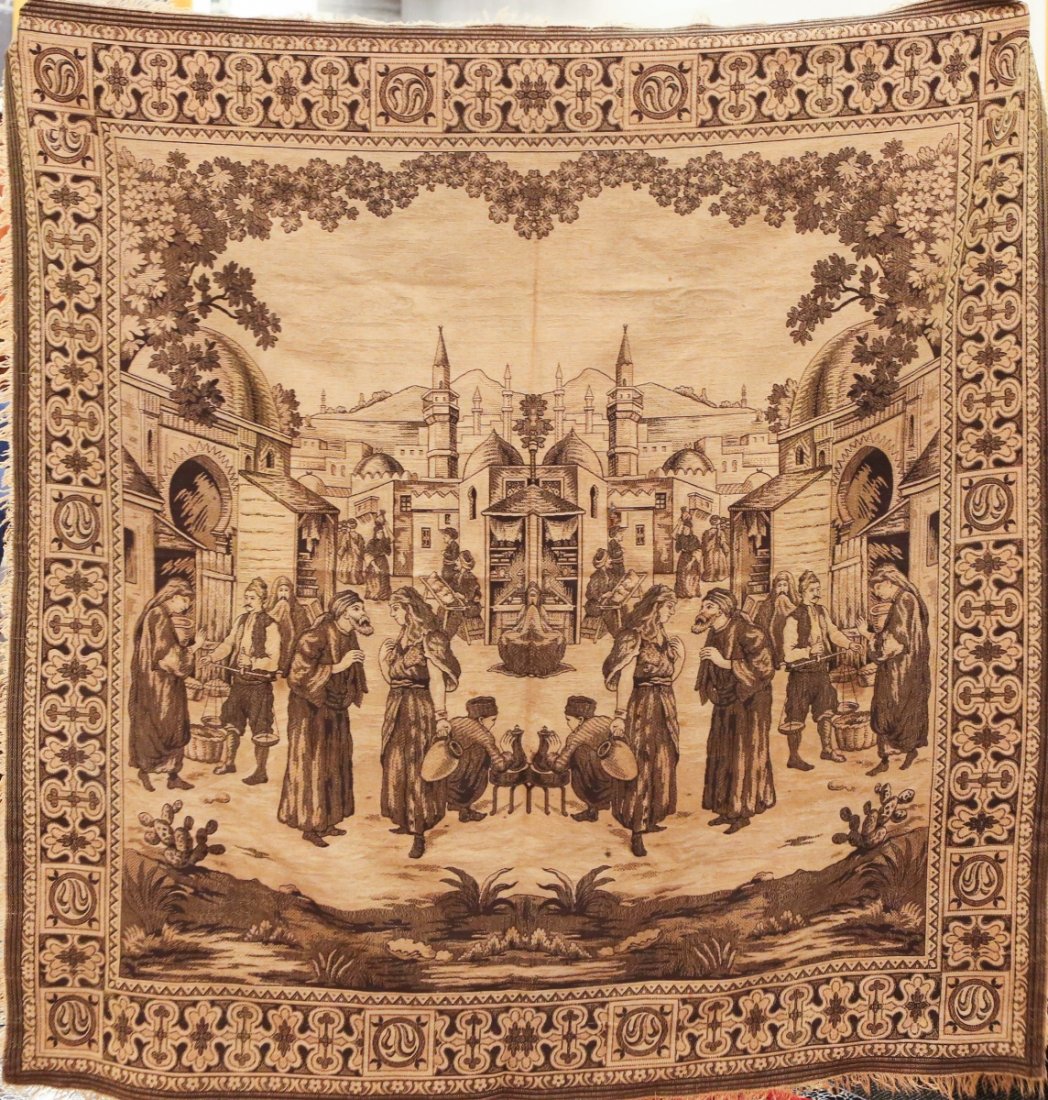 MIDDLE EASTERN TAPESTRY BAZAAR SCENE: MIDDLE EASTERN TAPESTRY BAZAAR SCENE Middle eastern tapestry featuring towns people interacting at bazaar. Circa 1950 - 1960's, tourist piece, sold in bazaar. Size: 62 x 62"