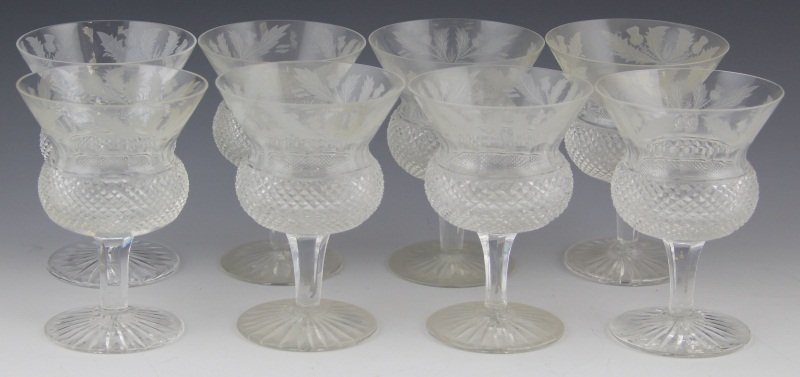 (8) EDINBURGH THISTLE CHAMPAGNE CRYSTAL STEMWARE: (8) EDINBURGH THISTLE CHAMPAGNE CRYSTAL STEMWARE (8) Edinburgh Thistle champagne crystal stemware. Produced in Scotland and embellished with a complex geometric pattern and delicate engravings. This c