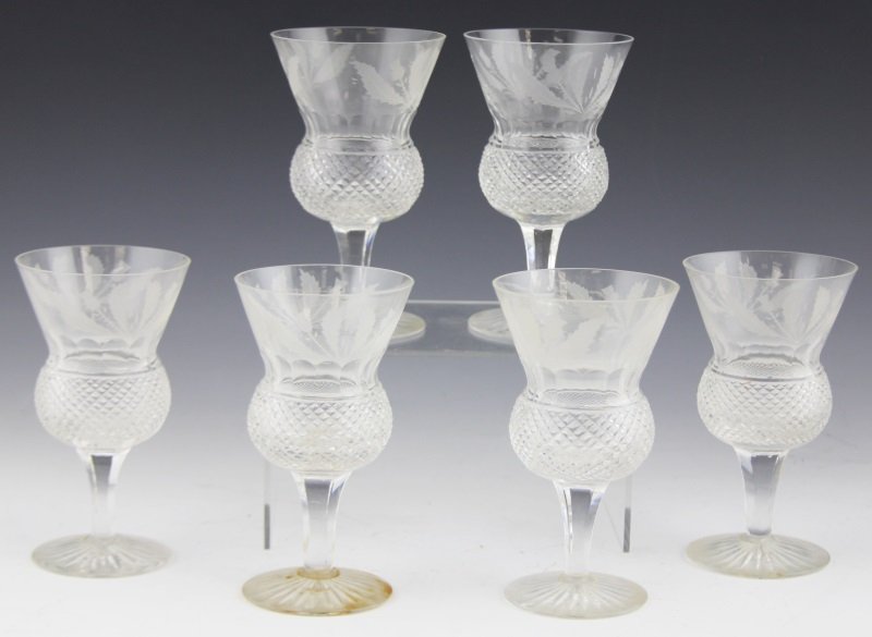 (6) EDINBURGH THISTLE WHITE WINE CRYSTAL STEMWARE: (6) EDINBURGH THISTLE WHITE WINE CRYSTAL STEMWARE (6) Edinburgh Thistle white wine crystal stemware. Produced in Scotland and embellished with a complex geometric pattern and delicate engravings. This