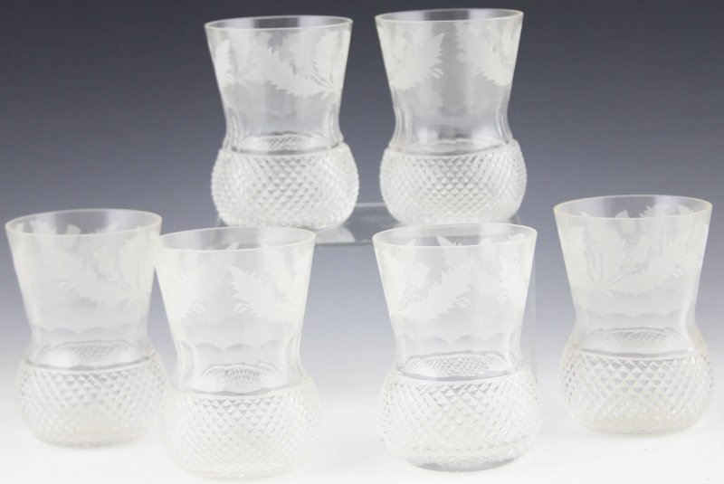 (6) EDINBURGH THISTLE OLD FASHIONED CRYSTAL GLASS: (6) EDINBURGH THISTLE OLD FASHIONED CRYSTAL GLASS (6) Edinburgh Thistle Old Fashioned crystal glasses. Produced in Scotland and embellished with a complex geometric pattern and delicate engravings. Th