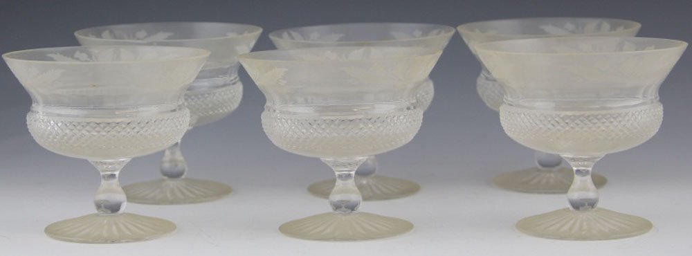 (6) EDINBURGH THISTLE PEACH MELBA CRYSTAL STEMWARE: (6) EDINBURGH THISTLE PEACH MELBA CRYSTAL STEMWARE (6) Edinburgh Thistle Peach Melba crystal stemware. Produced in Scotland and embellished with a complex geometric pattern and delicate engravings Thi