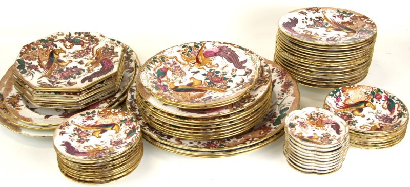 (61) ROYAL CROWN DERBY OLDE AVESBURY DISHES: (61) ROYAL CROWN DERBY OLDE AVESBURY DISHES 61 piece Royal Crown Derby Old Avesbury porcelain plates, bowls and platters; eleven bread and butter plates 6.25", eight coupe cereal bowls 6.25", ten Tudo