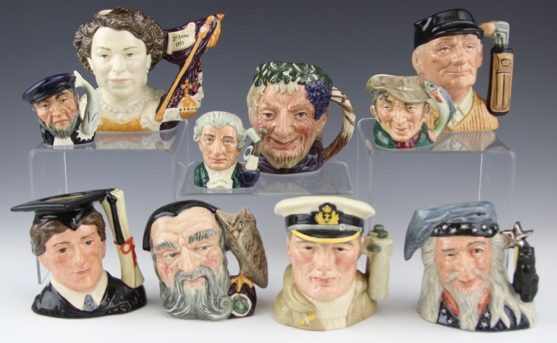 (10) ROYAL DOULTON FIGURAL TOBY JUGS SMALL: (10) ROYAL DOULTON FIGURAL TOBY JUGS SMALL Ten small figural Toby Jugs by Royal Doulton, England. Includes: Queen Elizabeth II, Bacchus, Merlin, Apothecary, The Graduate, The Golfer, The Poacher, The 