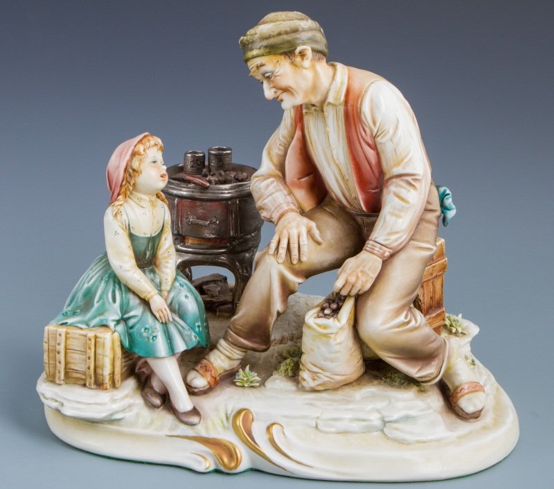 BORSATO CHESTNUTS & TALES SIGNED PORCELAIN FIGURE: BORSATO CHESTNUTS & TALES SIGNED PORCELAIN FIGURE Porcelain figure by Antonio Borsato, made in Italy. Chestnuts and Tales, #962. An old man and little girl sitting in front of a fire. Figure is signed