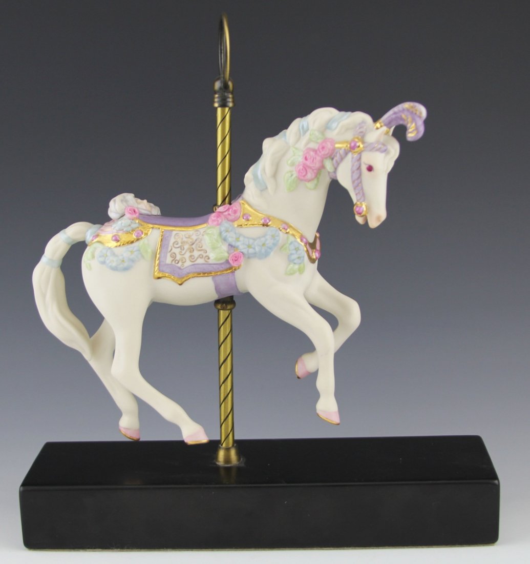 CYBIS PORCELAIN CAROUSEL FIGURE PONY SUGARPLUM: CYBIS PORCELAIN CAROUSEL FIGURE PONY SUGARPLUM Cybis porcelain carousel pony, "Sugarplum", with wooden stand. Bottom is marked #149 and signed. Size: 8"