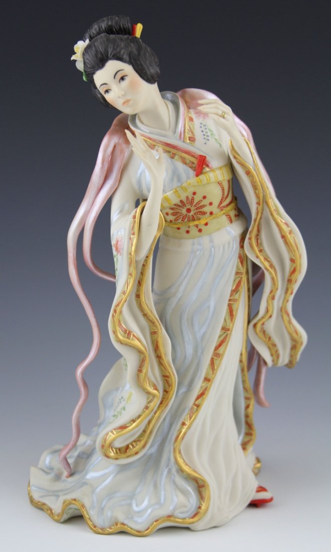 CYBIS PORCELAIN FIGURE MADAME BUTTERFLY: CYBIS PORCELAIN FIGURE MADAME BUTTERFLY Porcelain figure, Cybis, Madame Butterfly, signed and numbered, #281, repaired. Size: 12.5"