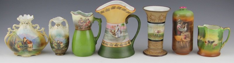 (7) ROYAL BAYREUTH BAVARIAN PORCELAIN PIECES: (7) ROYAL BAYREUTH BAVARIAN PORCELAIN PIECES (7) Royal Bayreuth Bavarian porcelain pieces to include hand painted scenes of cows and the countryside, traditional homes surrounded by mountains, musicia