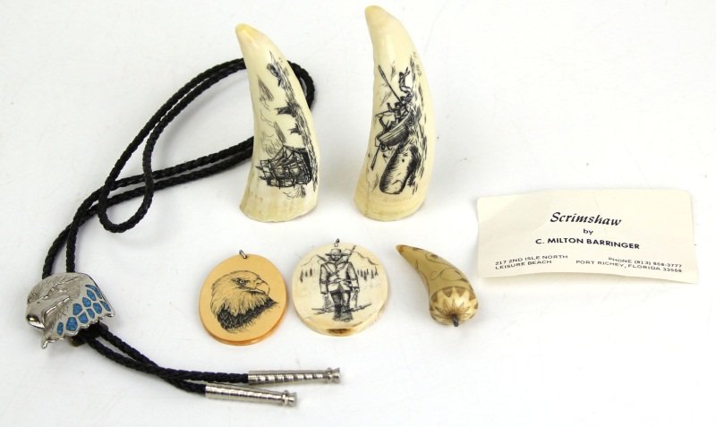 (4) PIECES SCRIMSHAW CAYWOOD & C MILTON BARRINGER: (4) PIECES SCRIMSHAW CAYWOOD & C MILTON BARRINGER Two pieces of scrimshaw (~3.25"), nautical motifs, C. Milton Barringer. Two oval scrimshaw pendants (~2 x 1.5"), eagle and soldier, both signed Caywoo